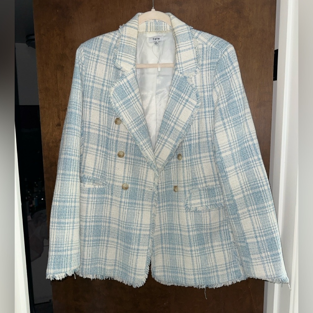 Blue and White Tweed Women’s Blazer Size XL | Fringe Accents